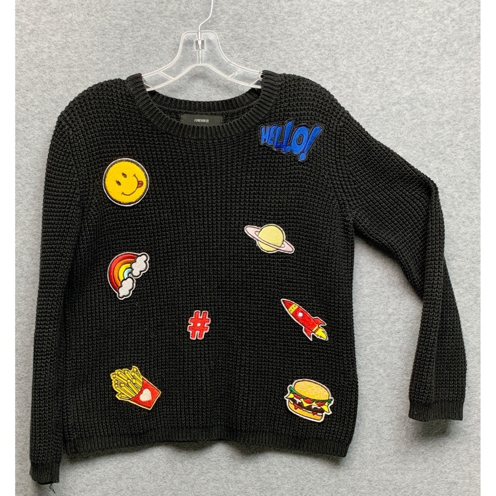 Forever 21 Novelty Sweater Size S Black Whimsigoth Indie Cotton Kidcore Rainbow